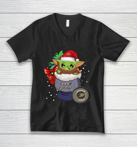 Anaheim Ducks Christmas Baby Yoda Star Wars Funny Happy NHL V-Neck T-Shirt