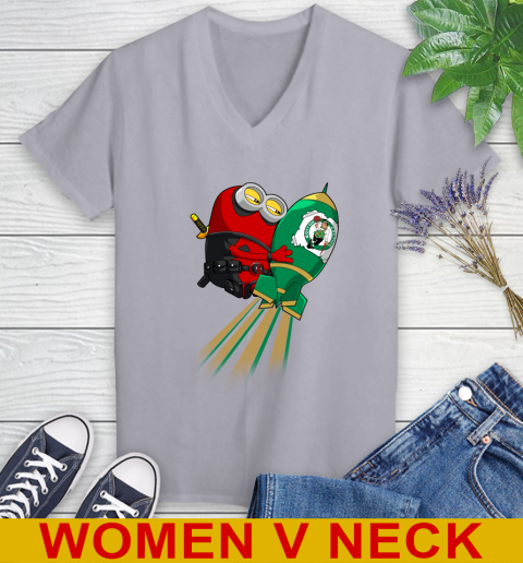 NBA Basketball Boston Celtics Deadpool Minion Marvel Shirt Women's V-Neck T-Shirt 4