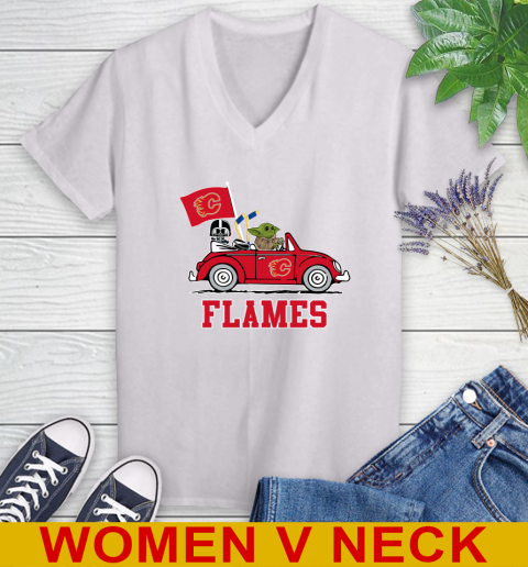 NHL Hockey Calgary Flames Darth Vader Baby Yoda Driving Star Wars Shirt Women's V-Neck T-Shirt
