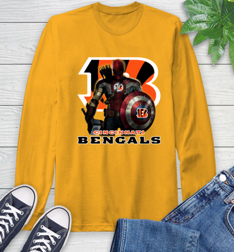 NFL Captain America Thor Spider Man Hawkeye Avengers Endgame Football Cincinnati Bengals Long Sleeve T-Shirt 3