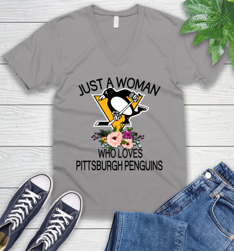 NHL Just A Woman Who Loves Pittsburgh Penguins Hockey Sports V-Neck T-Shirt 2