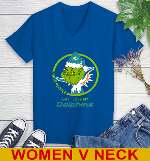 Miami Dolphins NFL Christmas Grinch I Hate People But I Love My Favorite Football Team Women's V-Neck T-Shirt 11