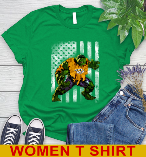 Nashville Predators Hulk Marvel Avengers NHL Hockey American Flag Women's T-Shirt 7