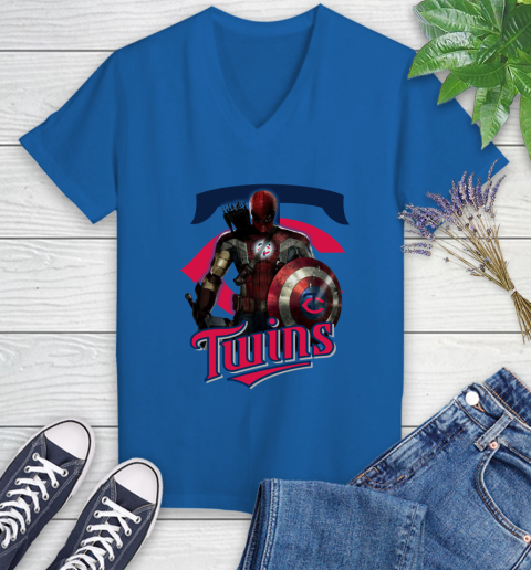 MLB Captain America Thor Spider Man Hawkeye Avengers Endgame Baseball Minnesota Twins Women's V-Neck T-Shirt 10