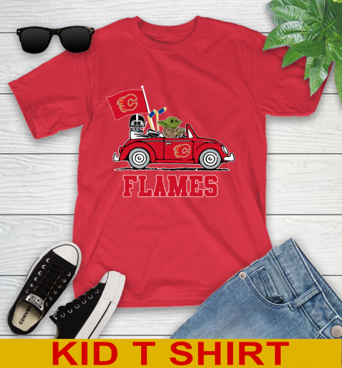 NHL Hockey Calgary Flames Darth Vader Baby Yoda Driving Star Wars Shirt Youth T-Shirt 10