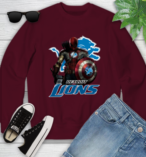 NFL Captain America Thor Spider Man Hawkeye Avengers Endgame Football Detroit Lions Youth Sweatshirt 5