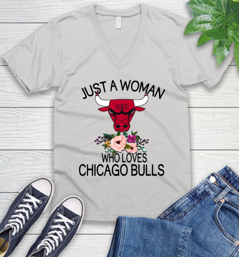 NBA Just A Woman Who Loves Chicago Bulls Basketball Sports V-Neck T-Shirt