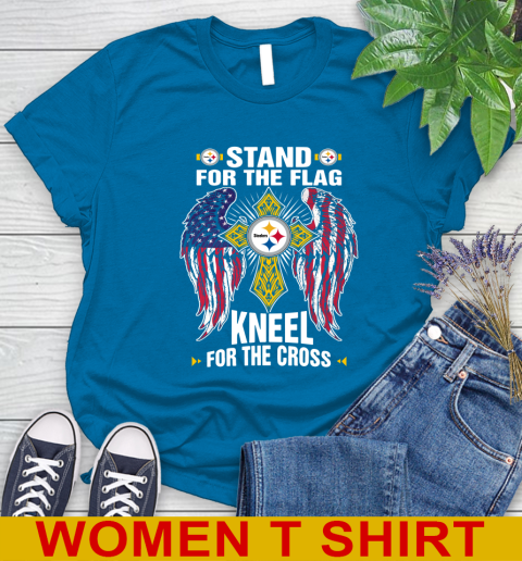NFL Football Pittsburgh Steelers Stand For Flag Kneel For The Cross Shirt Women's T-Shirt - Image 9