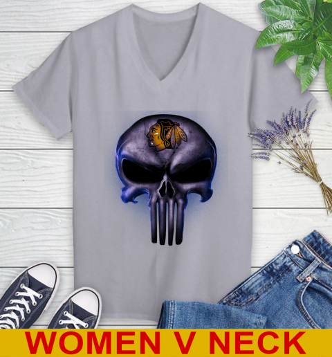 Chicago Blackhawks NHL Hockey Punisher Skull Sports Women's V-Neck T-Shirt 4