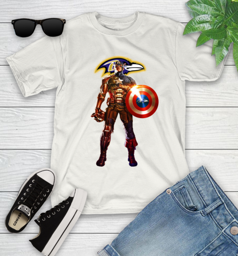 NFL Captain America Marvel Avengers Endgame Football Sports Baltimore Ravens Youth T-Shirt