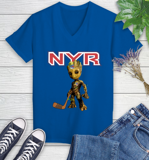 New York Rangers NHL Hockey Groot Marvel Guardians Of The Galaxy Women's V-Neck T-Shirt 10