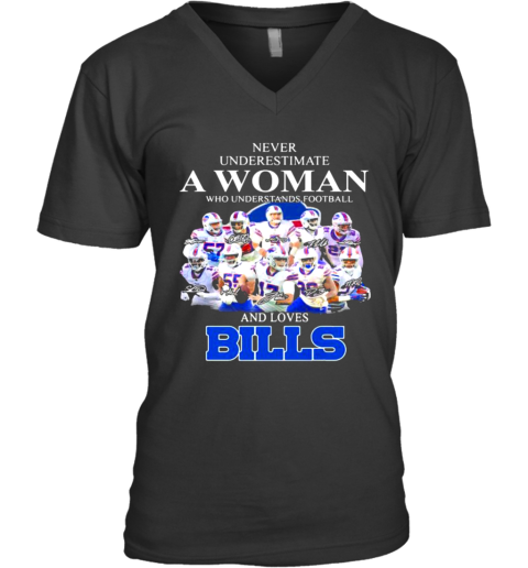 Never Underestimate A Woman Who Understands Football And Loves Bills Symbol Buffalo V-Neck T-Shirt
