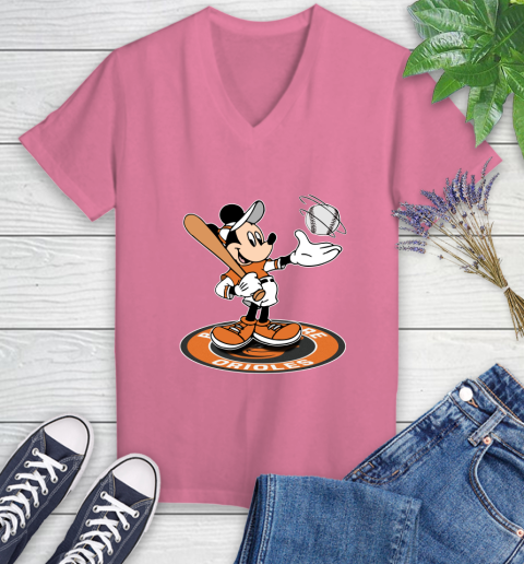 MLB Baseball Baltimore Orioles Cheerful Mickey Disney Shirt Women's V-Neck T-Shirt 11