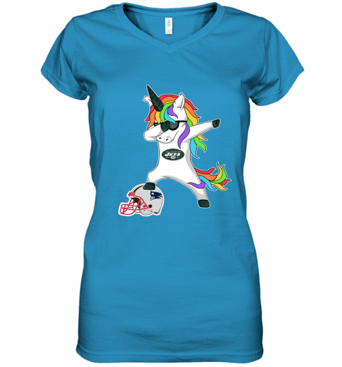 Football Dabbing Unicorn Steps On Helmet New York Jets Women's V-Neck T-Shirt