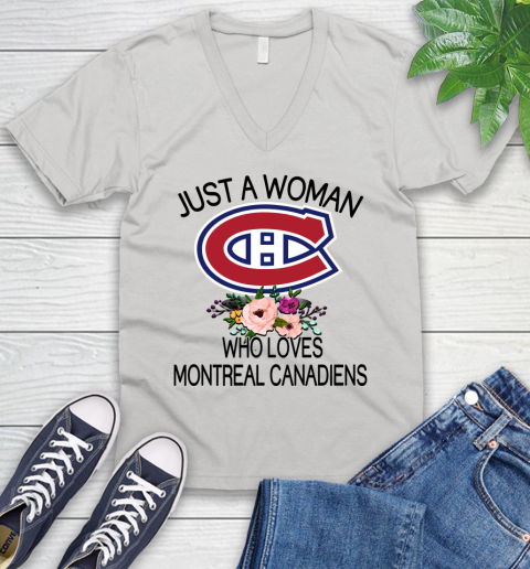 NHL Just A Woman Who Loves Montreal Canadiens Hockey Sports V-Neck T-Shirt