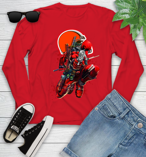 NFL Deadpool Marvel Comics Sports Football Cleveland Browns Youth Long Sleeve 11
