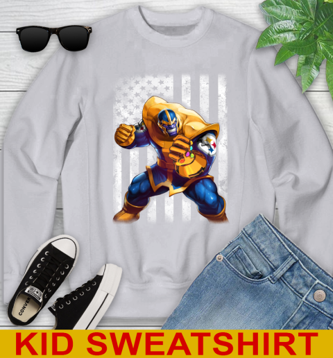 NFL Football Pittsburgh Steelers Thanos Marvel American Flag Shirt Youth Sweatshirt 3