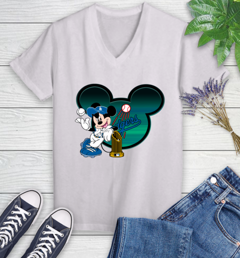 MLB Los Angeles Dodgers The Commissioner's Trophy Mickey Mouse Disney Women's V-Neck T-Shirt