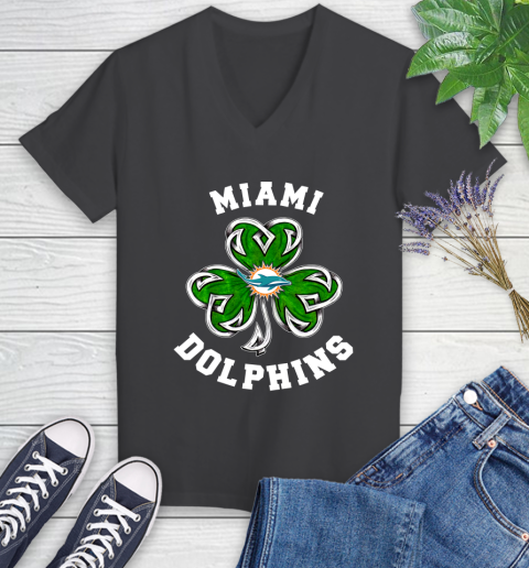 NFL Miami Dolphins Three Leaf Clover St Patrick's Day Football Sports Women's V-Neck T-Shirt 8