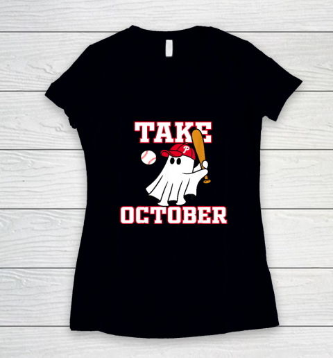 Philly Take October Philadelphia Ghost Baseball Halloween Women's V-Neck T-Shirt
