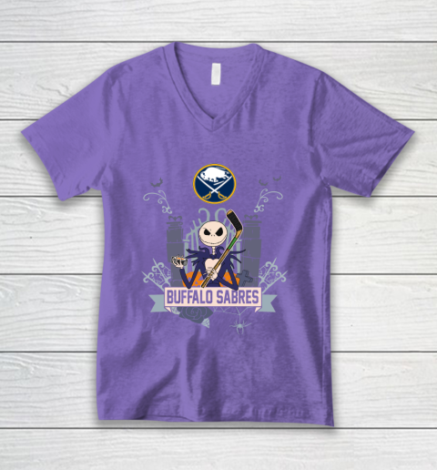 NHL Buffalo Sabres Hockey Jack Skellington Halloween V-Neck T-Shirt 8