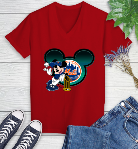 MLB New York Mets The Commissioner's Trophy Mickey Mouse Disney Women's V-Neck T-Shirt 12