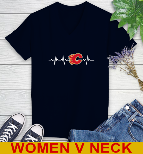 Calgary Flames NHL Hockey Heart Beat Shirt Women's V-Neck T-Shirt 2
