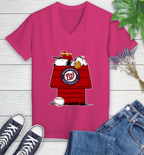 MLB Washington Nationals Snoopy Woodstock The Peanuts Movie Baseball T Shirt_000 Women's V-Neck T-Shirt 9