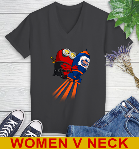MLB Baseball New York Mets Deadpool Minion Marvel Shirt Women's V-Neck T-Shirt 8