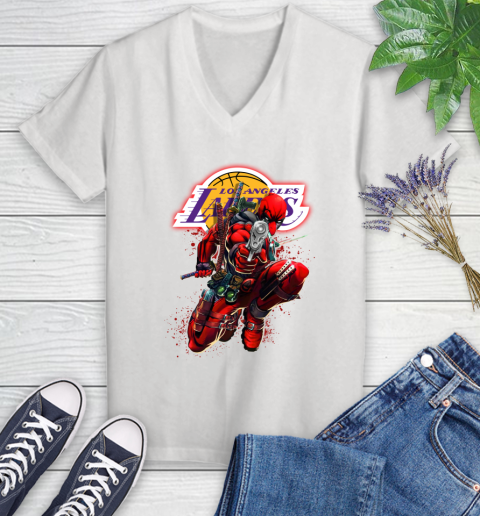 NBA Deadpool Marvel Comics Sports Basketball Los Angeles Lakers Women's V-Neck T-Shirt