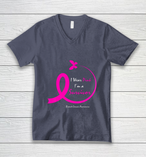 Womens Butterfly I Wear Pink I m A Survivor Breast Cancer Awareness V-Neck T-Shirt 7