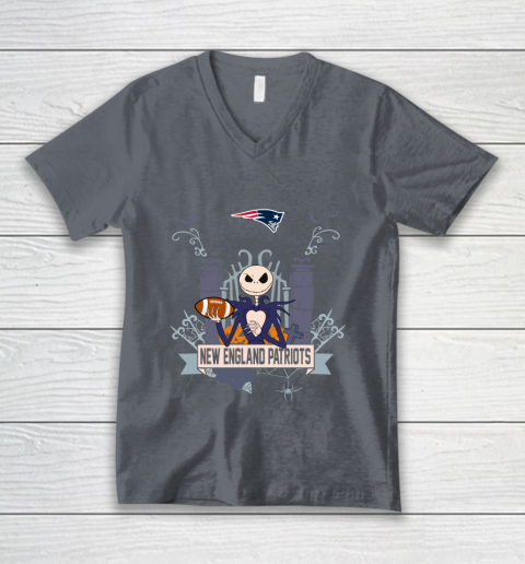 NFL New England Patriots Football Jack Skellington Halloween V-Neck T-Shirt 4