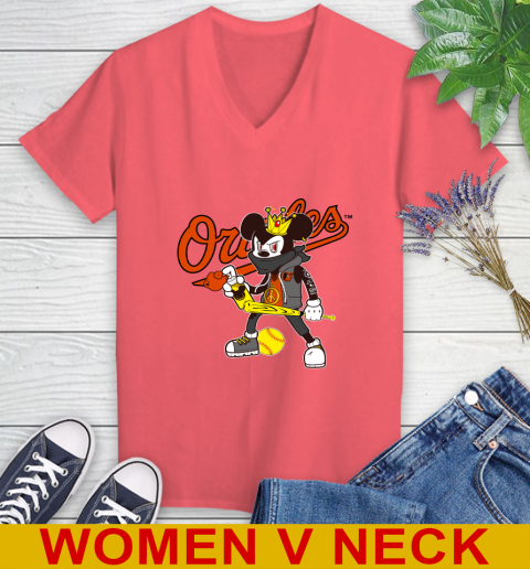 Baltimore Orioles MLB Baseball Mickey Peace Sign Sports Women's V-Neck T-Shirt 7