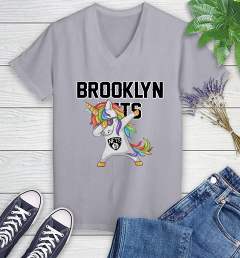 Brooklyn Nets NBA Basketball Funny Unicorn Dabbing Sports Women's V-Neck T-Shirt 4