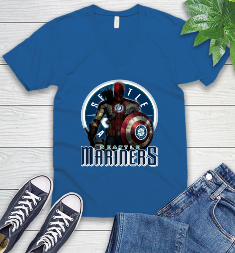 MLB Captain America Thor Spider Man Hawkeye Avengers Endgame Baseball Seattle Mariners V-Neck T-Shirt 6