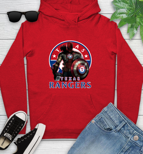 MLB Captain America Thor Spider Man Hawkeye Avengers Endgame Baseball Texas Rangers Youth Hoodie 11