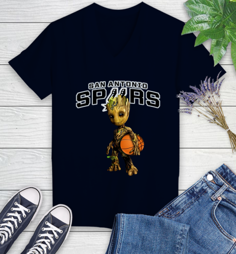 San Antonio Spurs NBA Basketball Groot Marvel Guardians Of The Galaxy Women's V-Neck T-Shirt 3