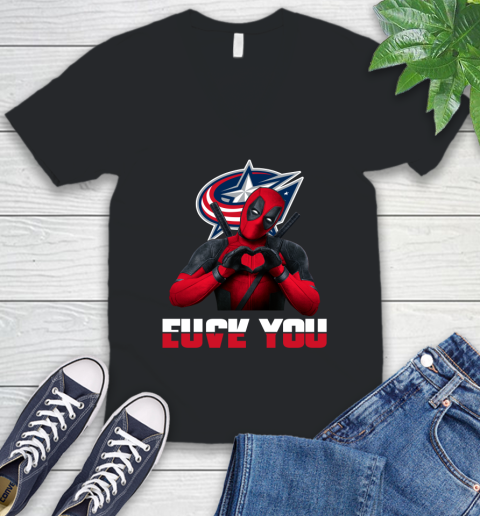 NHL Columbus Blue Jackets Deadpool Love You Fuck You Hockey Sports V-Neck T-Shirt