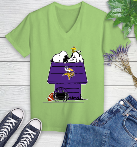 Minnesota Vikings NFL Football Snoopy Woodstock The Peanuts Movie Women's V-Neck T-Shirt 11