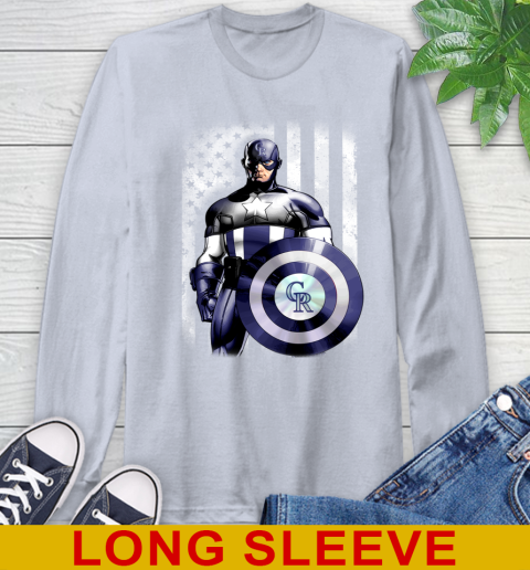 Colorado Rockies MLB Baseball Captain America Marvel Avengers American Flag Shirt Long Sleeve T-Shirt 6