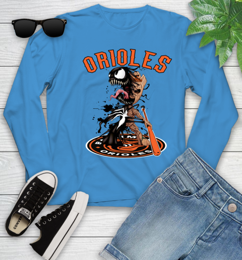 MLB Baltimore Orioles Baseball Venom Groot Guardians Of The Galaxy Youth Long Sleeve 7