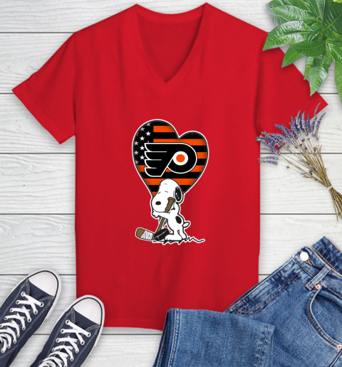 Philadelphia Flyers NHL Hockey The Peanuts Movie Adorable Snoopy Women's V-Neck T-Shirt 12