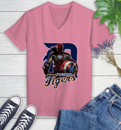 MLB Captain America Thor Spider Man Hawkeye Avengers Endgame Baseball Detroit Tigers Women's V-Neck T-Shirt 13