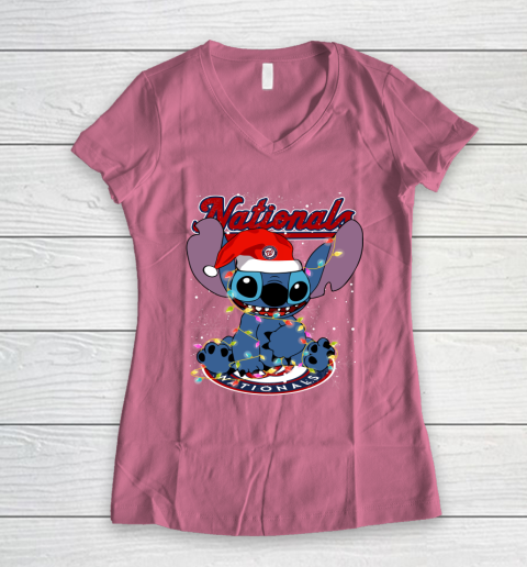 Washington Nationals MLB noel stitch Baseball Christmas Women's V-Neck T-Shirt 7