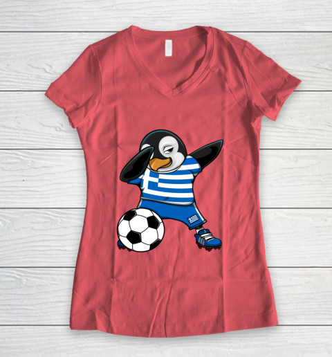 Dabbing Penguin Greece Soccer Fans Jersey Football Lovers Women's V-Neck T-Shirt 3