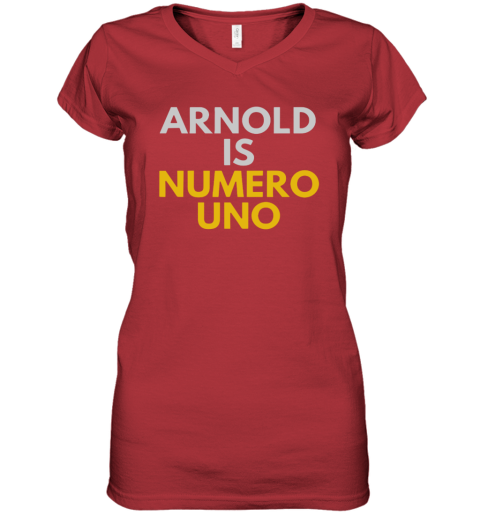 Fans of Schwarzenegger, Arnold is numero uno Women's V-Neck T-Shirt rzyr fans of schwarzenegger arnold is numero uno women v neck t shirt 39 front red
