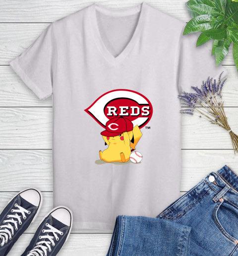 MLB Pikachu Baseball Sports Cincinnati Reds Women's V-Neck T-Shirt