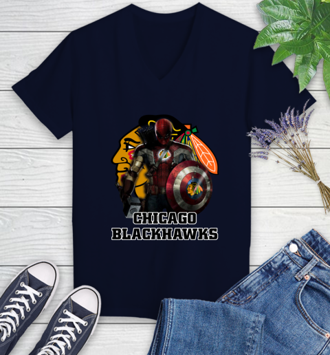 NHL Captain America Thor Spider Man Hawkeye Avengers Endgame Hockey Chicago Blackhawks Women's V-Neck T-Shirt 3