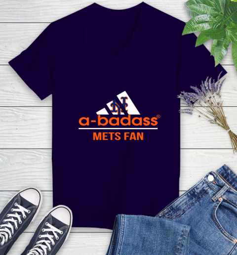 MLB A Badass New York Mets Fan Adidas Baseball Sports Women's V-Neck T-Shirt 3