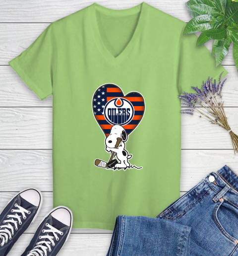 Edmonton Oilers NHL Hockey The Peanuts Movie Adorable Snoopy Women's V-Neck T-Shirt 11
